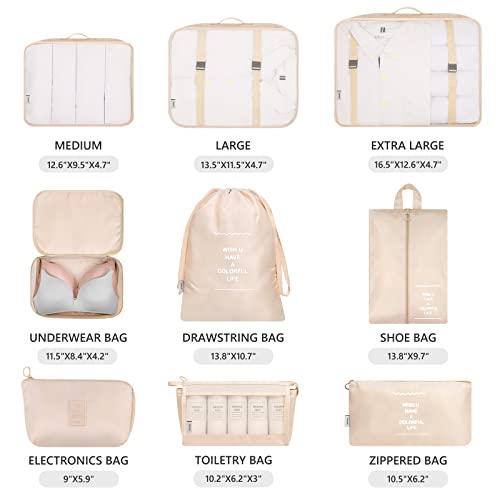 Mossio Packing Cubes for Carry On, Mossio 9 Piece Set Travel Cubes for Flying Camping Hiking Beige - Image 3
