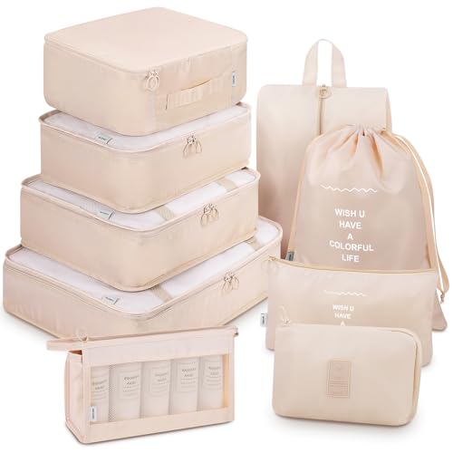 Mossio Packing Cubes for Carry On, Mossio 9 Piece Set Travel Cubes for Flying Camping Hiking Beige - Image 1