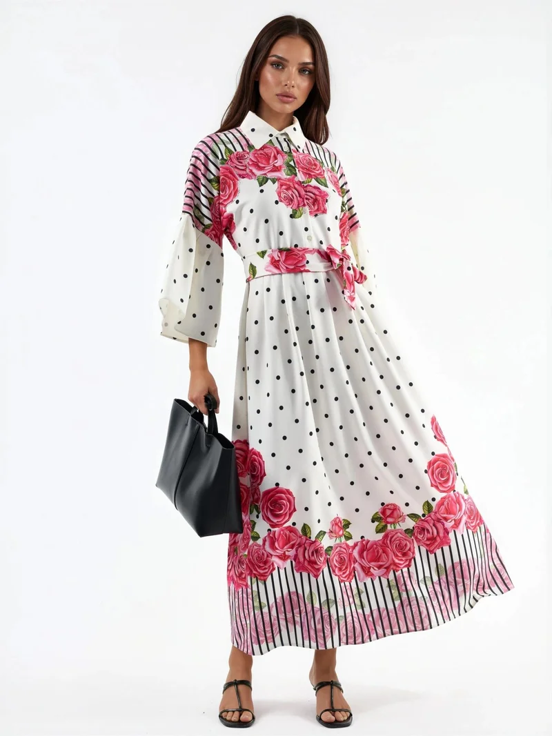 جينيفر Floral Maxi Dress with Shirt Collar and Button Closure