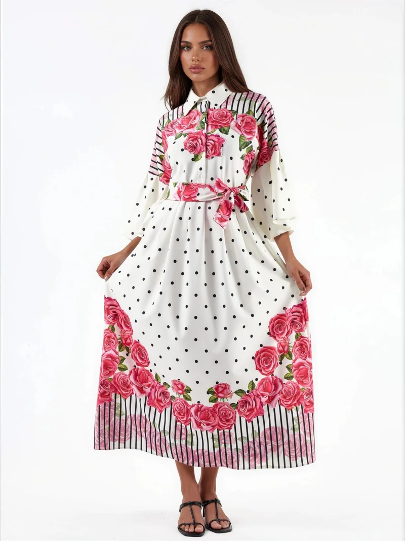 جينيفر Floral Maxi Dress with Shirt Collar and Button Closure