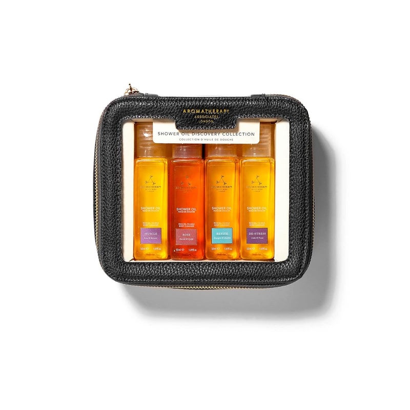 Aromatherapy Associates Mini Shower Oil Travel & Discovery Collection. 4 Premium Shower Oils (50ml each) and Handy Travel Case. Includes Revive, De-Stress, Muscle and Rose Blends (1 count)