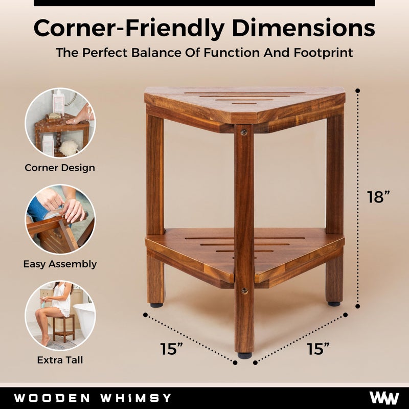 Wooden Whimsy Teak Corner Shower Bench with Matching Soap Holder - Sturdy Waterproof Bathroom Stool Chair with Storage Shelf for Bathing Supplies - Bath Seat and Foot Rest for Shaving Legs - 15" x 15" x 18" - Image 2