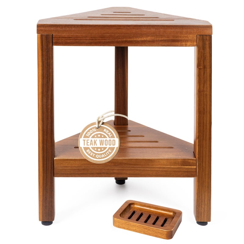 Wooden Whimsy Teak Corner Shower Bench with Matching Soap Holder - Sturdy Waterproof Bathroom Stool Chair with Storage Shelf for Bathing Supplies - Bath Seat and Foot Rest for Shaving Legs - 15" x 15" x 18" - Image 1