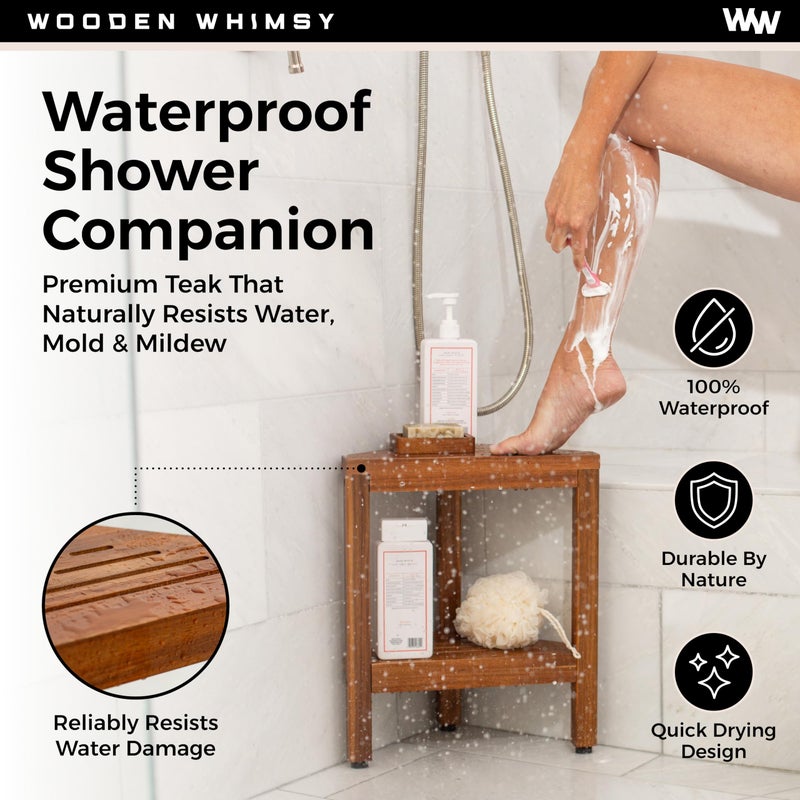 Wooden Whimsy Teak Corner Shower Bench with Matching Soap Holder - Sturdy Waterproof Bathroom Stool Chair with Storage Shelf for Bathing Supplies - Bath Seat and Foot Rest for Shaving Legs - 15" x 15" x 18" - Image 4