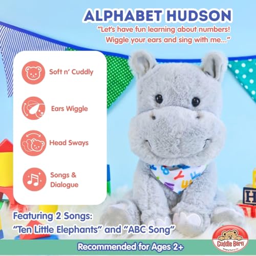 Cuddle Barn Alphabet Hudson Animated Singing Hippo Stuffed Animal Plush Toy Wiggles Ears to ABC Song and Ten Little Elephants 11 inches - Image 5