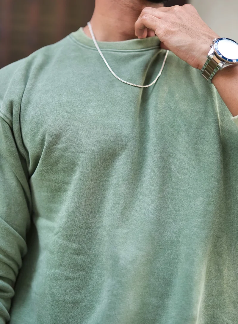 Maniac  Maniac Mens Solid Acid Wash Round Neck Full Sleeve Hunter Green Oversized Sweatshirt for Men | Best Price UAE