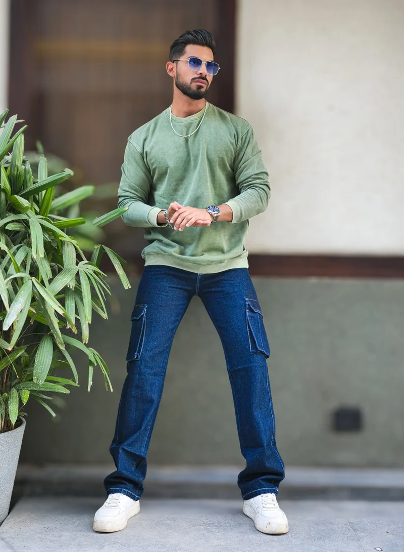Maniac  Maniac Mens Solid Acid Wash Round Neck Full Sleeve Hunter Green Oversized Sweatshirt for Men | Best Price UAE