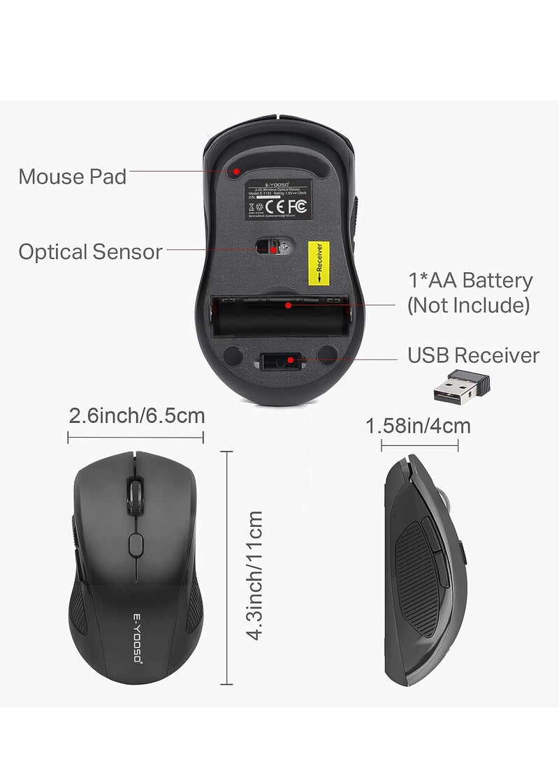 E-YOOSO E-1131 Wireless Mouse 2.4G Computer Mouse 5 Adjustable DPI Levels, 6 Buttons Cordless Mouse Wireless Optical Mice with USB Nano Receiver