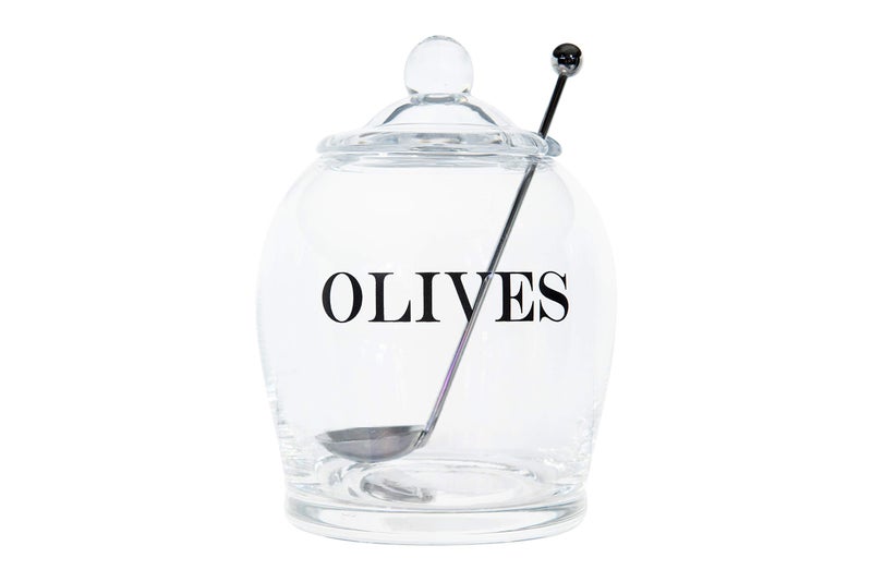 Creative Co-Op Clear Glass ""OLIVE"" Jar with Lid & Slotted Stainless Steel Spoon (Set of 3 Pieces including Lid) - Image 1