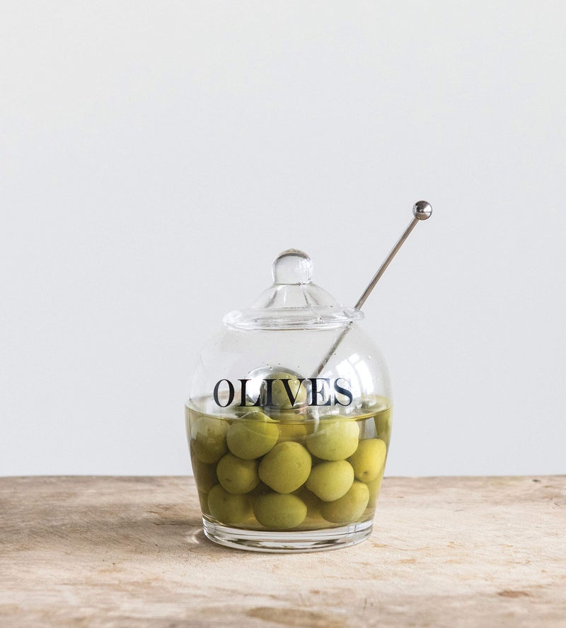 Creative Co-Op Clear Glass ""OLIVE"" Jar with Lid & Slotted Stainless Steel Spoon (Set of 3 Pieces including Lid) - Image 2