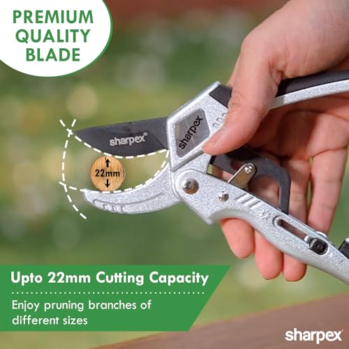 Sharpex Professional Ratchet Pruning Shears – Anvil Type with 3-Stage Ratcheting Mechanism for 5X Cutting Power, Ideal for Arthritis and Weak Hands (Silver) (Aluminium) - Image 2
