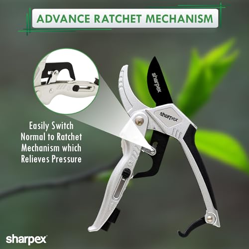 Sharpex Professional Ratchet Pruning Shears – Anvil Type with 3-Stage Ratcheting Mechanism for 5X Cutting Power, Ideal for Arthritis and Weak Hands (Silver) (Aluminium) - Image 3