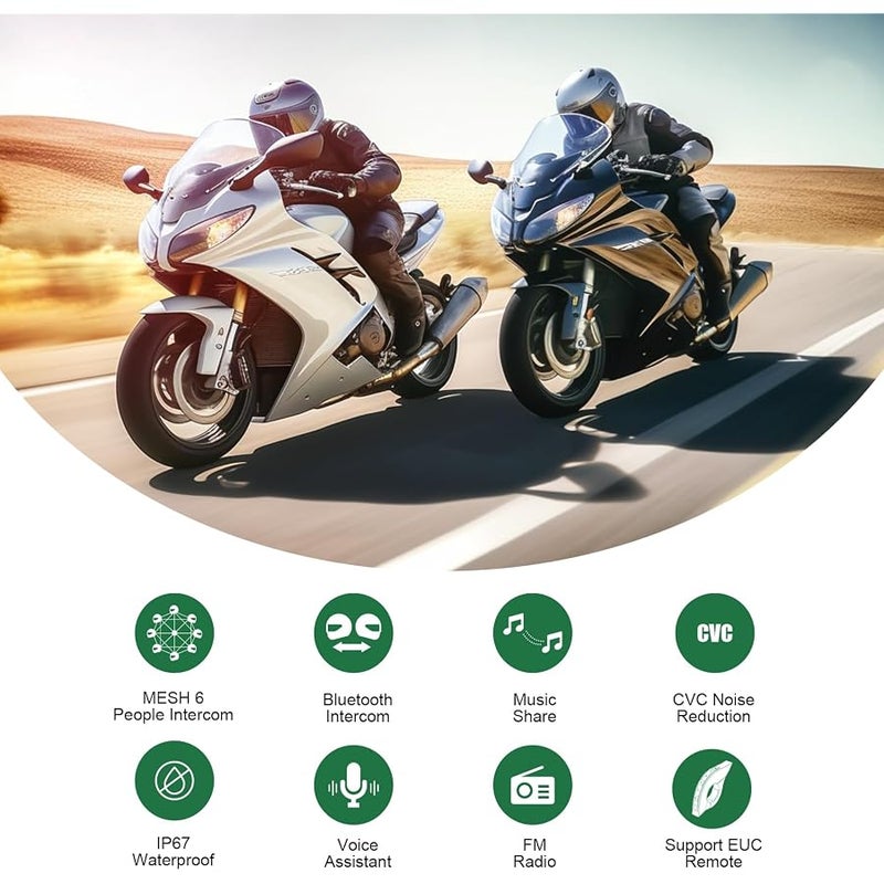 EJEAS Q8 Mesh 3.0 Motorcycle Intercom Communication System, Bluetooth 5.1 Motorcycle Helmet Intercom with CVC Noise Reduction and Music Sharing for 6 Motorcyclists (Pack of 2) - Image 2