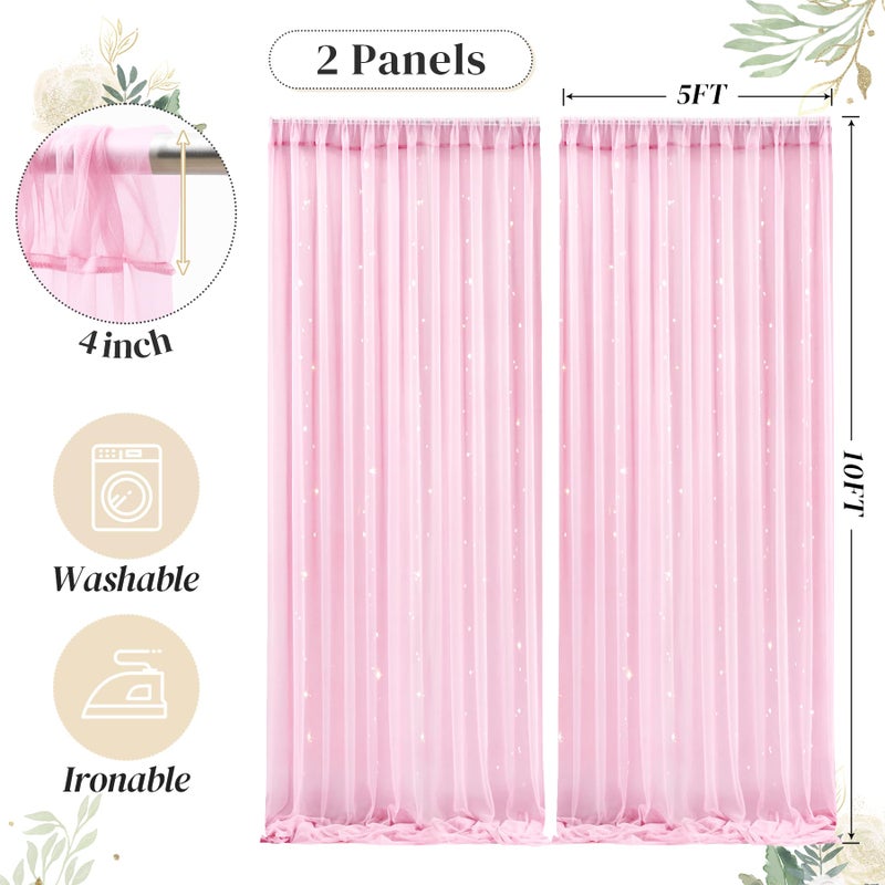 Shillance 10ft x 10ft Pink Backdrop Curtain with Lights String for Parties, Sheer Tulle Wedding Photo Backdrops Drapes for Baby Shower Birthday Party Decorations Background for Photography - Image 5