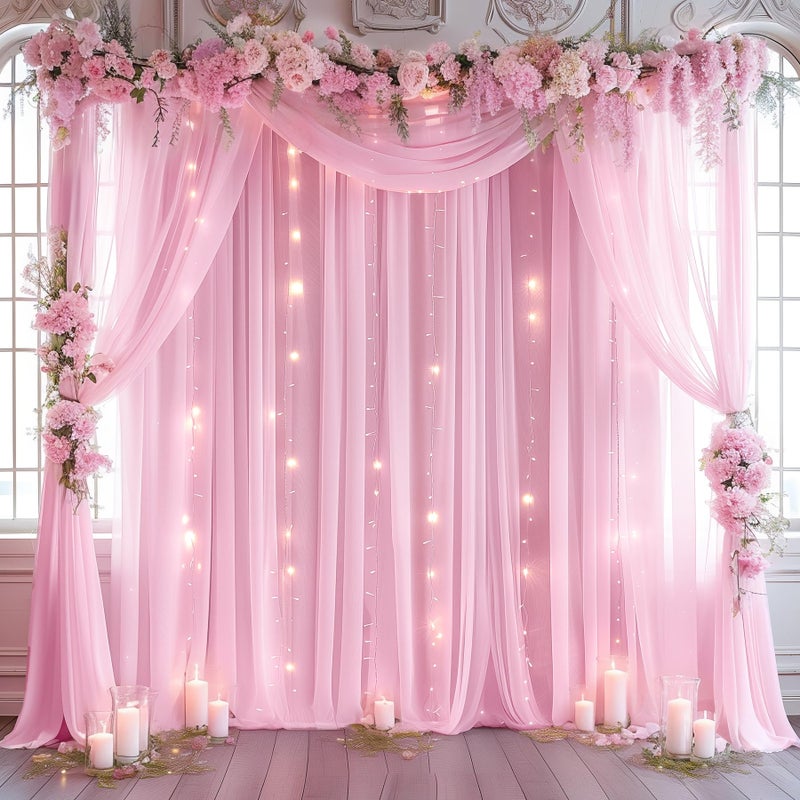 Shillance 10ft x 10ft Pink Backdrop Curtain with Lights String for Parties, Sheer Tulle Wedding Photo Backdrops Drapes for Baby Shower Birthday Party Decorations Background for Photography - Image 2
