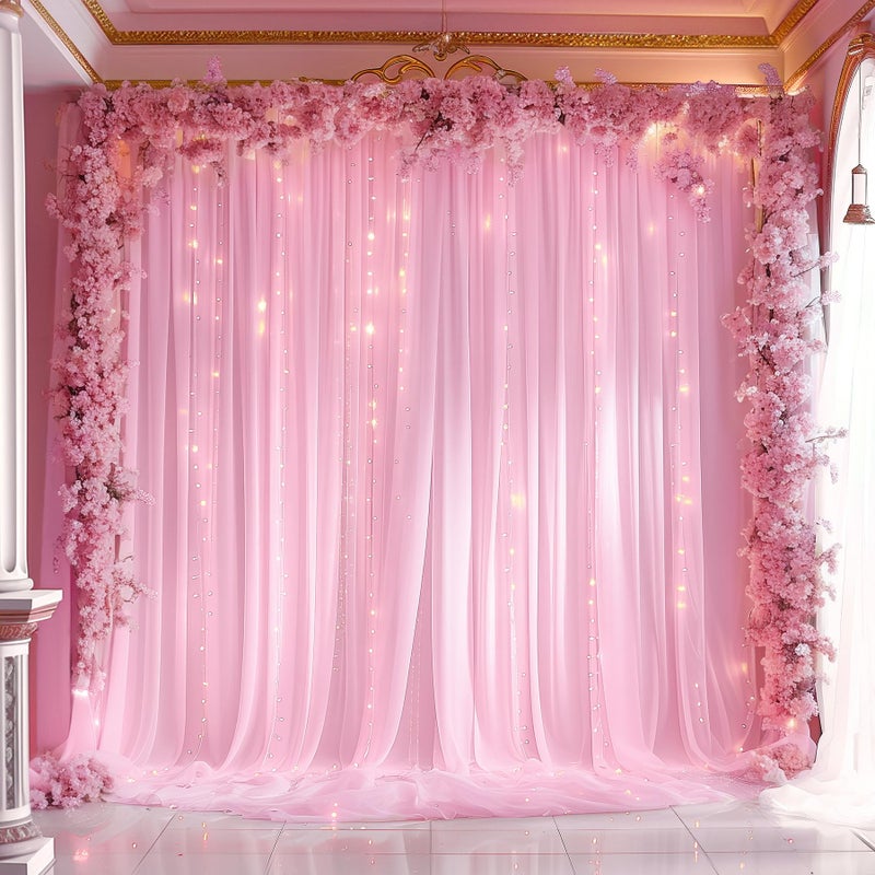 Shillance 10ft x 10ft Pink Backdrop Curtain with Lights String for Parties, Sheer Tulle Wedding Photo Backdrops Drapes for Baby Shower Birthday Party Decorations Background for Photography - Image 1