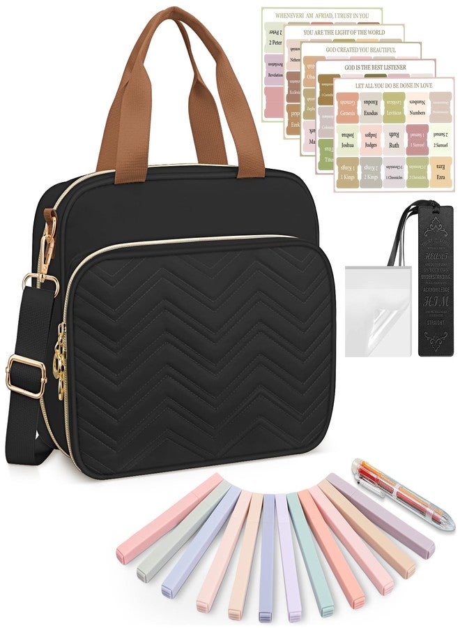 FINPAC Large Bible Cover Case for Women, Bible Study Supplies Journaling Kit with Shoulder Strap, Christian Gifts Church Bag, Black - Image 1