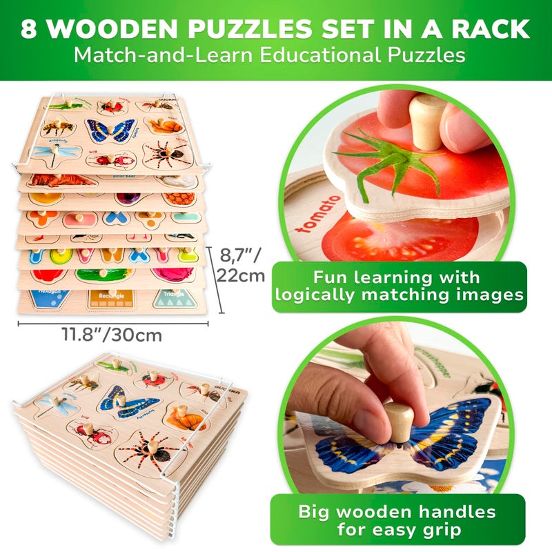 QUOKKA 8 Wooden Puzzles for Toddlers 1-3 - Toddler Montessori Puzzles Ages 2-4 in a Rack - Learning Alphabet, Numbers and Animals Toy for Kids 3-5 - Wood Games Gift for Boys and Girls - Image 2