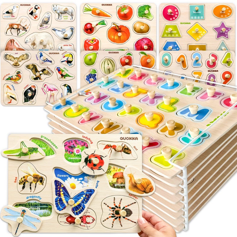 QUOKKA 8 Wooden Puzzles for Toddlers 1-3 - Toddler Montessori Puzzles Ages 2-4 in a Rack - Learning Alphabet, Numbers and Animals Toy for Kids 3-5 - Wood Games Gift for Boys and Girls - Image 1