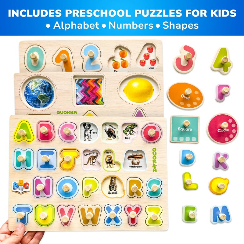 QUOKKA 8 Wooden Puzzles for Toddlers 1-3 - Toddler Montessori Puzzles Ages 2-4 in a Rack - Learning Alphabet, Numbers and Animals Toy for Kids 3-5 - Wood Games Gift for Boys and Girls - Image 3