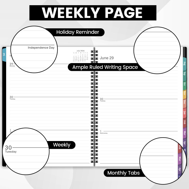BooQool Planner 2026-2027 â€“ Academic Planner 2026-2027, 9" x 11", Large, July 2026 â€“ June 2027, Weekly and Monthly Planner, 2 Monthly Tabs, Strong Twin-Wire Binding, Inner Pocket, Hardcover, Black - Image 4