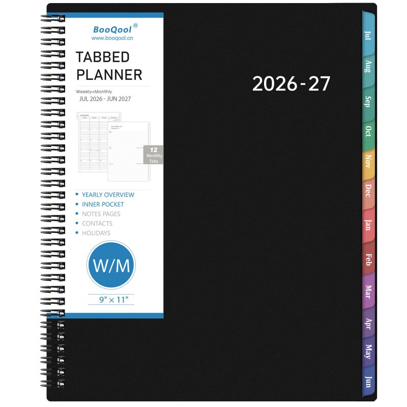 BooQool Planner 2026-2027 â€“ Academic Planner 2026-2027, 9" x 11", Large, July 2026 â€“ June 2027, Weekly and Monthly Planner, 2 Monthly Tabs, Strong Twin-Wire Binding, Inner Pocket, Hardcover, Black - Image 1