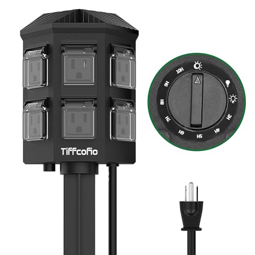 TiFFCOFiO Outdoor Power Strip Timer, Dusk to Dawn Light Sensor Countdown, 6 Feet Extension Cord Waterproof, 6 Grounded Outlets for Halloween and Christmas Decorations, ETL Listed (6 FT) - Image 1