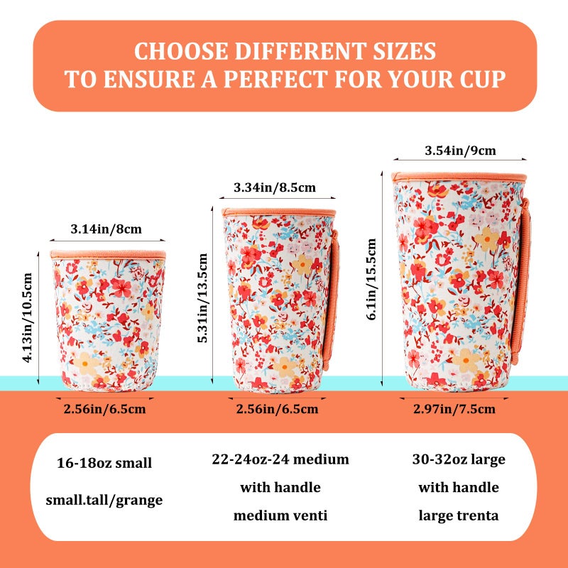 KJQJLY 3 Pack Reusable Iced Coffee Sleeves for Iced Coffee Cups or Drinks Reusable Neoprene Insulated Sleeves for Hot and Cold Drinks from Starbucks, Dunkin, And More (Light orange floral) - Image 2
