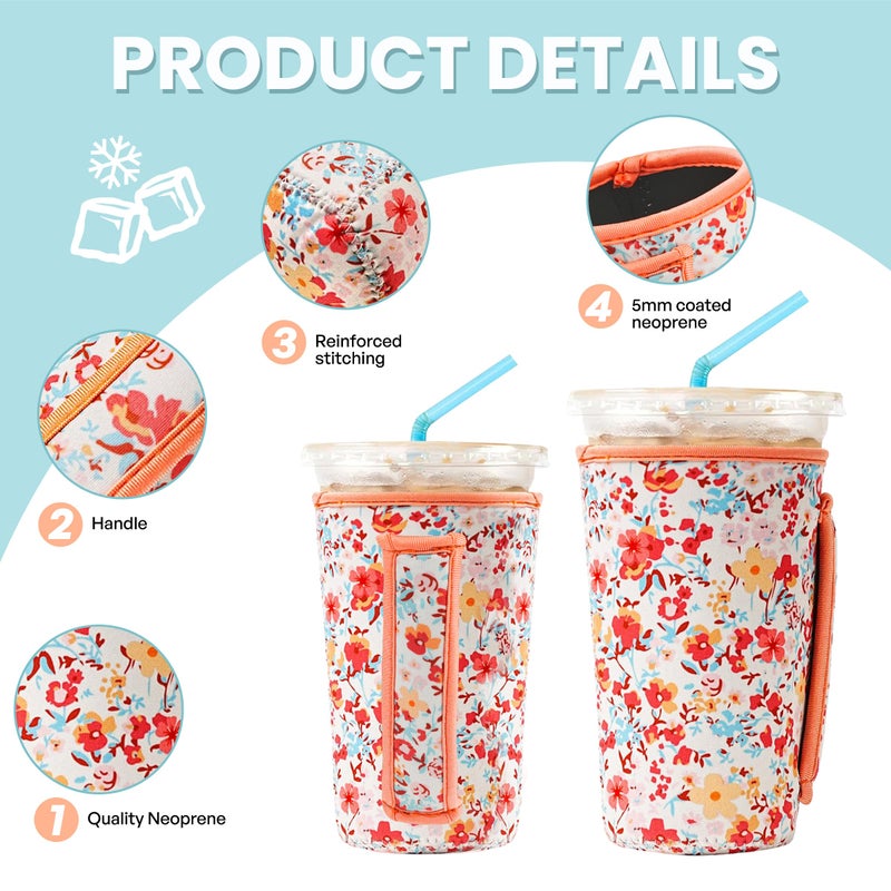 KJQJLY 3 Pack Reusable Iced Coffee Sleeves for Iced Coffee Cups or Drinks Reusable Neoprene Insulated Sleeves for Hot and Cold Drinks from Starbucks, Dunkin, And More (Light orange floral) - Image 4