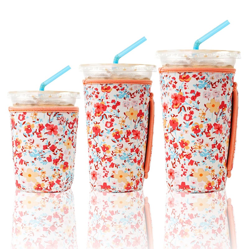 KJQJLY 3 Pack Reusable Iced Coffee Sleeves for Iced Coffee Cups or Drinks Reusable Neoprene Insulated Sleeves for Hot and Cold Drinks from Starbucks, Dunkin, And More (Light orange floral) - Image 1