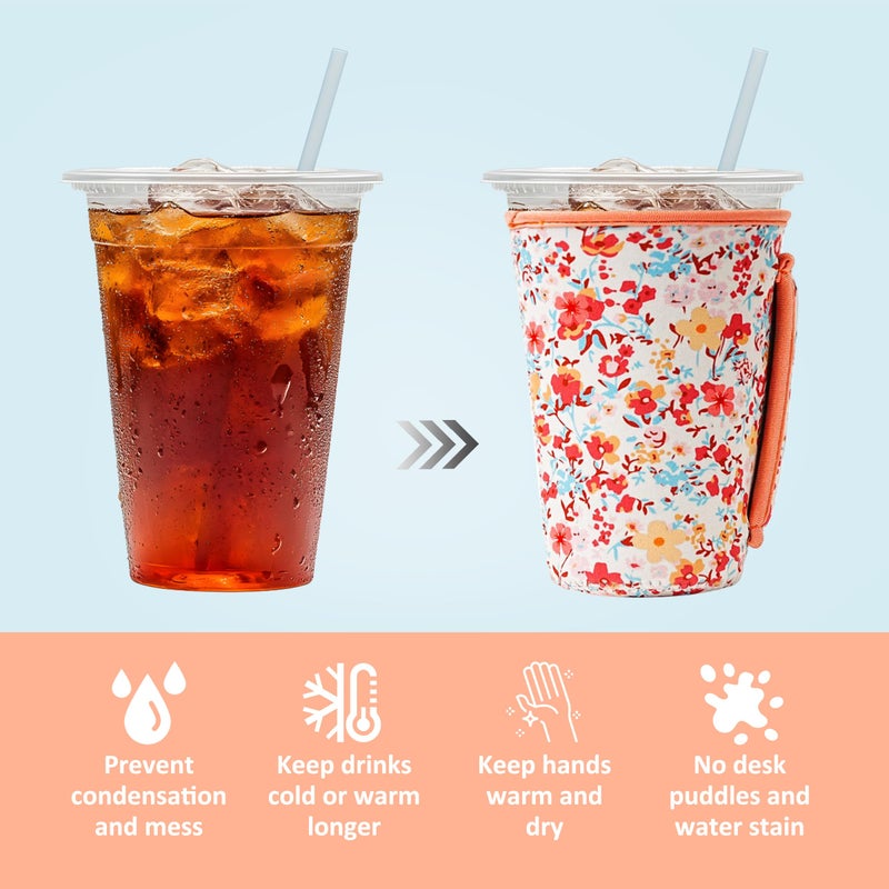 KJQJLY 3 Pack Reusable Iced Coffee Sleeves for Iced Coffee Cups or Drinks Reusable Neoprene Insulated Sleeves for Hot and Cold Drinks from Starbucks, Dunkin, And More (Light orange floral) - Image 3