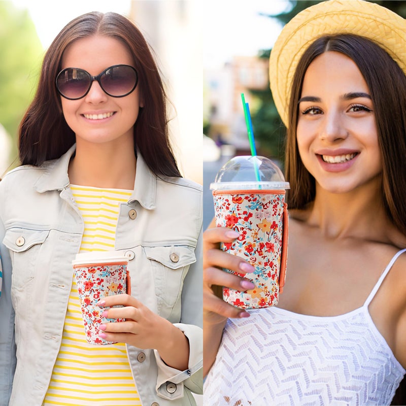 KJQJLY 3 Pack Reusable Iced Coffee Sleeves for Iced Coffee Cups or Drinks Reusable Neoprene Insulated Sleeves for Hot and Cold Drinks from Starbucks, Dunkin, And More (Light orange floral) - Image 5