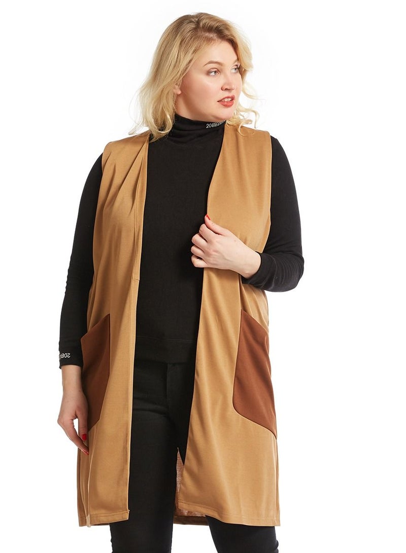إسكدنيا Lady's Plum-Size Loose Waistcoat With Pockets Brown  - Image 1