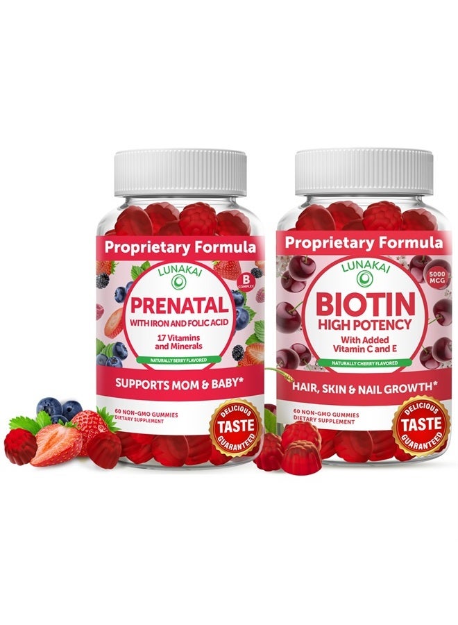 LUNAKAI Prenatal and Biotin Gummies Bundle - Pregnancy Multivitamin Gummy with Iron & Folic Acid - Hair Skin and Nails Growth Supplement with Vitamin C and E - 30 Days Supply  - Image 1
