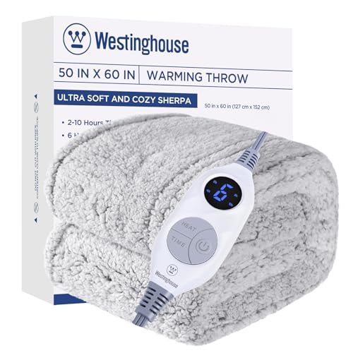 Westinghouse Electric Blanket Throw Size, Soft Plush Sherpa Heated Blanket with 6 Heating Levels & 2-10 Hours Auto-Off, Machine Washable, 50x60 inches, Grey - Image 1