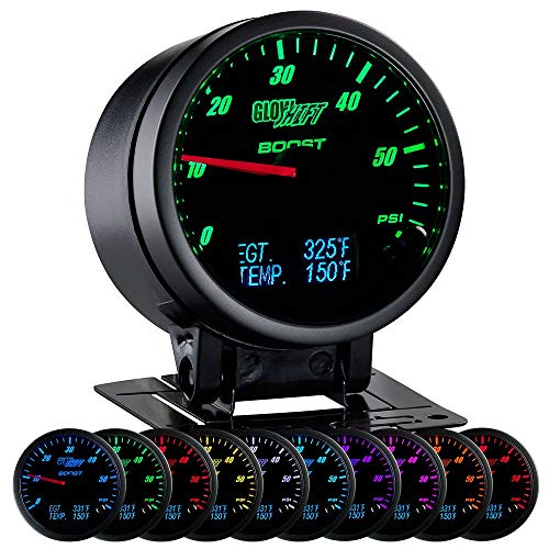 GLOWSHIFT عداد ضغط 60 PSI من GlowShift 3 في 1 مع مقياس حرارة رقمي لدرجة حرارة العادم EGT - يشمل مستشعرات إلكترونية 1/8-27 NPT والأسلاك - متعدد الألوان - قرص أسود - 2-3/8" 60mm - Image 1