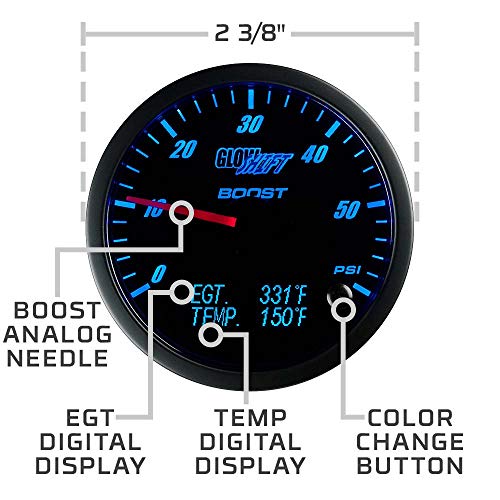 GLOWSHIFT عداد ضغط 60 PSI من GlowShift 3 في 1 مع مقياس حرارة رقمي لدرجة حرارة العادم EGT - يشمل مستشعرات إلكترونية 1/8-27 NPT والأسلاك - متعدد الألوان - قرص أسود - 2-3/8" 60mm - Image 5