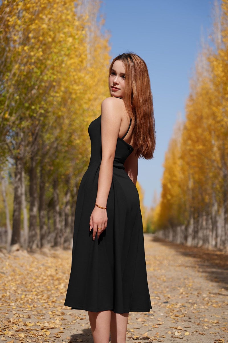 Memoriesea Women's Elegant Square Neck Swing A Line Wedding Evening Party Midi Dress Black - Image 3
