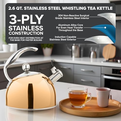 Viking غلاية شاي من الفولاذ المقاوم للصدأ 3 طبقات من فيكينغ، سعة 2.6 لتر، وعاء ماء ساخن على الموقد مع غطاء زجاجي مقسى، مقبض مريح، جاهز للاستخدام مع الحث، لون وردي ذهبي - Image 2