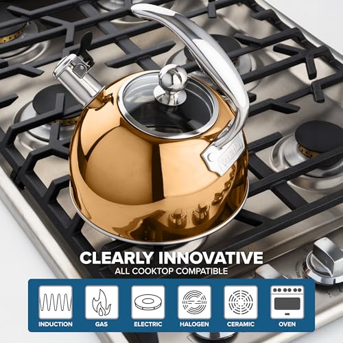 Viking غلاية شاي من الفولاذ المقاوم للصدأ 3 طبقات من فيكينغ، سعة 2.6 لتر، وعاء ماء ساخن على الموقد مع غطاء زجاجي مقسى، مقبض مريح، جاهز للاستخدام مع الحث، لون وردي ذهبي - Image 5