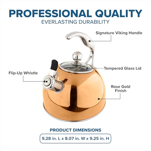 Viking غلاية شاي من الفولاذ المقاوم للصدأ 3 طبقات من فيكينغ، سعة 2.6 لتر، وعاء ماء ساخن على الموقد مع غطاء زجاجي مقسى، مقبض مريح، جاهز للاستخدام مع الحث، لون وردي ذهبي - Image 4