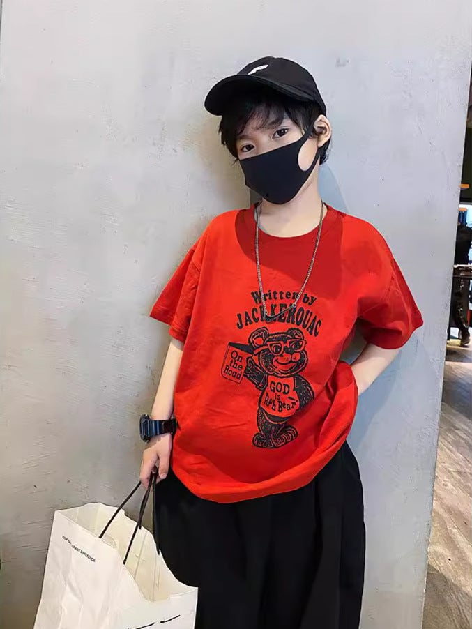 Zhongda Children'S Cotton Red Short-Sleeved T-Shirt Boys' Children'S Wear Children'S Graffiti Bear Top - Image 2