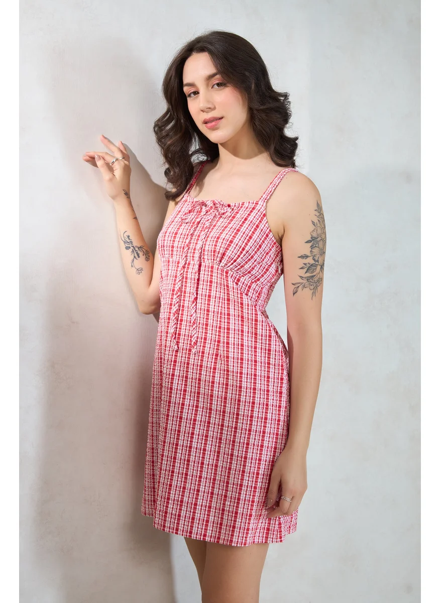 Virgio Virgio Women Cotton Curved Neck Mini Length Checks Sleeveless Dress