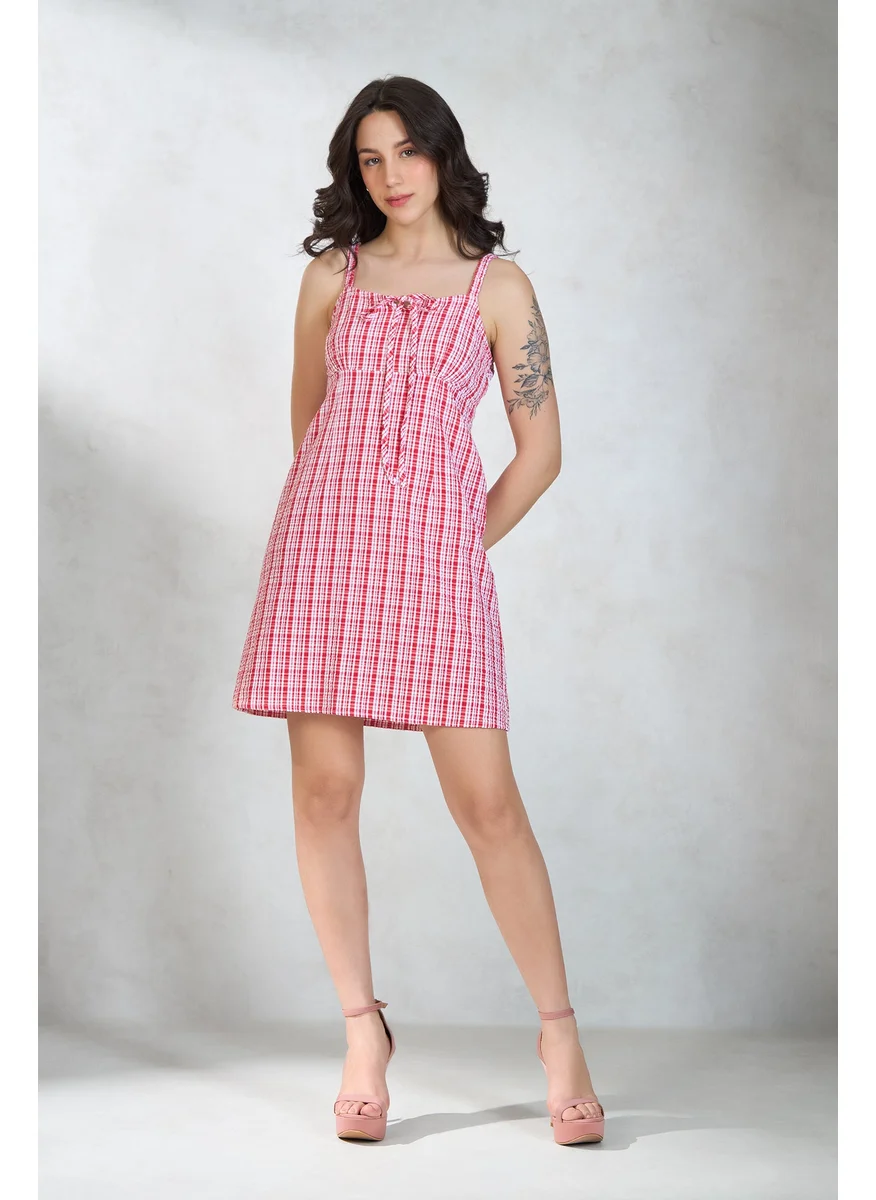 Virgio Virgio Women Cotton Curved Neck Mini Length Checks Sleeveless Dress