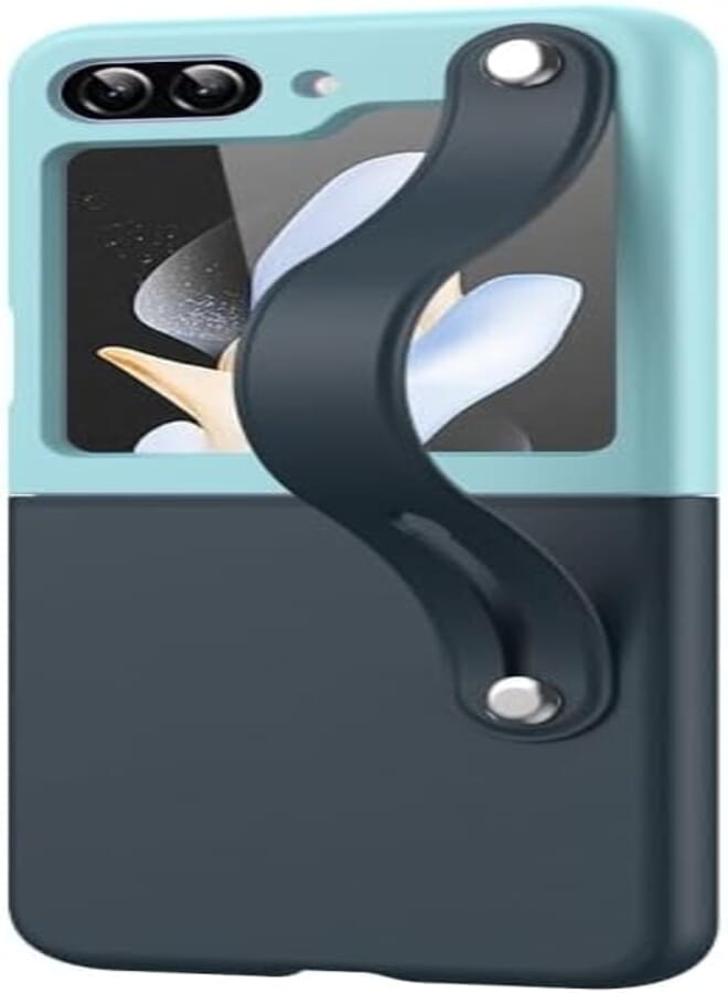 Next Store Compatible with Samsung Galaxy Z Flip 5 Case, Hard PC Comfortable Leather, Retractable Wrist Strap, Scratch Resistant, Anti-Drop Cover for Samsung Galaxy Z Flip 5 (Turquoise & Navy)