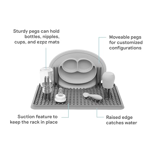ezpz Drying Rack (Gray) - Silicone Dish Drying Rack with Suction Base - Adjustable Pegs - Odor-Resistant - Dry + Store Baby/Toddler Gear - Image 2
