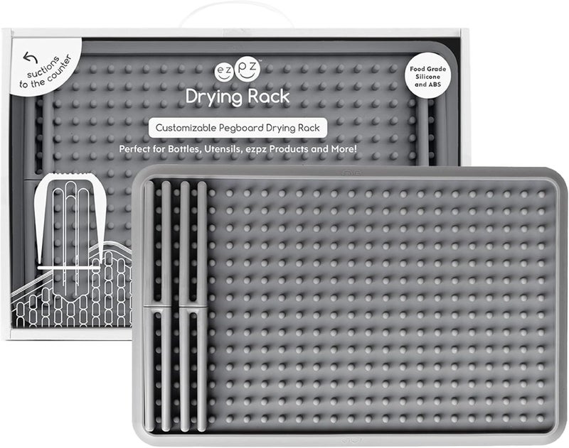 ezpz Drying Rack (Gray) - Silicone Dish Drying Rack with Suction Base - Adjustable Pegs - Odor-Resistant - Dry + Store Baby/Toddler Gear - Image 1