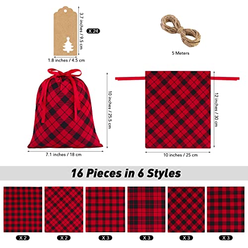 MIMIND 16 Pieces Christmas Drawstring Gift Bags Cotton Fabric Gift Bag 10 x 12 Inch Red and Black Buffalo Plaid Drawstring Bag Xmas Santa Sack Christmas Party Favor Bag with 24 Tags 6 Style - Image 3