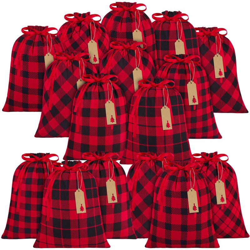 MIMIND 16 Pieces Christmas Drawstring Gift Bags Cotton Fabric Gift Bag 10 x 12 Inch Red and Black Buffalo Plaid Drawstring Bag Xmas Santa Sack Christmas Party Favor Bag with 24 Tags 6 Style - Image 2