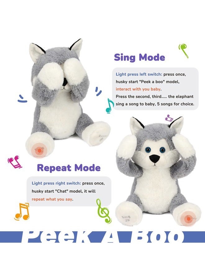 Hopearl Peek A Boo Husky Interactive Repeats What You Say Plush Dog Toy Musical Singing Talking Stuffed Animal Adorable Electric Animate Christmas Winter Birthday Gift, Gray, 11.5'' - Image 4